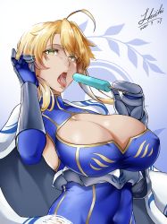 Rule 34 | 1girl, absurdres, artoria pendragon (fate), artoria pendragon (lancer) (fate), artoria pendragon (lancer) (tour outfit) (fate), blonde hair, blue gloves, blue leotard, braid, breasts, capelet, cleavage, cleavage cutout, clothing cutout, covered navel, elbow gloves, fate/grand order, fate (series), food, french braid, gauntlets, gloves, green eyes, hair between eyes, heattech leotard, highres, large breasts, leotard, long hair, looking at viewer, open mouth, popsicle, shiki (love-saber), sidelocks, solo, tongue, tongue out, turtleneck, underbust, white capelet