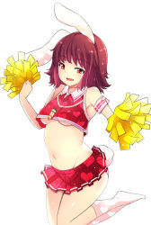 Rule 34 | 1girl, alternate costume, animal ears, armband, bare shoulders, belly, blush, breasts, brown hair, cheerleader, commentary request, crop top, fang, heart, heart print, inaba tewi, ippongui, looking at viewer, microskirt, midriff, navel, no bra, no shoes, open mouth, pom pom (cheerleading), rabbit ears, rabbit girl, rabbit tail, red eyes, short hair, simple background, skirt, sleeveless, small breasts, smile, solo, tail, touhou, underboob, white background, white legwear