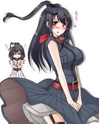 Rule 34 | 2girls, :d, ^ ^, alternate costume, alternate hairstyle, belt, black hair, blush, breast pocket, breasts, clenched hand, closed eyes, clothes lift, commentary request, cosplay, cracking knuckles, dress, dress lift, embarrassed, false smile, funnel, fusou (kancolle), garter straps, hair ornament, kantai collection, kuon (nokokopopo), large breasts, long hair, looking at viewer, multiple girls, neckerchief, open mouth, pocket, ponytail, red eyes, red neckerchief, remodel (kantai collection), saratoga (kancolle), saratoga (kancolle) (cosplay), scarf, shaded face, simple background, smile, smokestack, translation request, v arms, white background, wind, wind lift, yamashiro (kancolle)