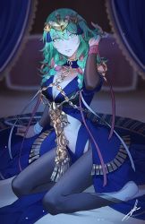 Rule 34 | 1girl, absurdres, barefoot, braid, breasts, byleth (female) (fire emblem), byleth (fire emblem), cleavage, cosplay, dress, feet, fire emblem, fire emblem: three houses, green eyes, green hair, hair ornament, hair ribbon, highres, jewelry, large breasts, long hair, looking at viewer, nintendo, pantyhose, ribbon, ribbon braid, solo, sothis (fire emblem), sothis (fire emblem) (cosplay), tiara, toho10min, twin braids