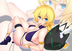 Rule 34 | 1girl, ahoge, anklet, armlet, armpits, bikini, blazblue, blazblue: central fiction, blonde hair, bracelet, braid, breasts, covered erect nipples, es (xblaze), food, full body, hair between eyes, halterneck, halterneck, holster, jewelry, large breasts, long hair, looking at viewer, low-tied long hair, lying, on back, pudding, purple bikini, sandals, single braid, solo, spoon, swimsuit, tanabe (studio tiamat), thigh holster, tongue, tongue out, xblaze, xblaze code: embryo, zoom layer