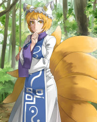 Rule 34 | 1girl, animal ears, blonde hair, dress, forest, fox ears, fox tail, grimay, hand on own face, hat, multiple girls, multiple tails, nature, short hair, solo, tail, touhou, yakumo ran, yellow eyes