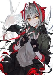 Rule 34 | 1girl, 3o c, absurdres, ahoge, antennae, arknights, black jacket, black skirt, commentary, double v, grey shirt, hair between eyes, hands up, highres, horns, jacket, long sleeves, looking at viewer, nail polish, open clothes, open jacket, parted lips, red nails, shirt, short hair, silver hair, skirt, smile, solo, upper body, v, w (arknights), white background, yellow eyes