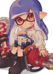 Rule 34 | 1girl, autobomb (splatoon), black footwear, blue hair, boots, closed mouth, commentary request, cross-laced footwear, eyebrows hidden by hair, full body, highres, hydra splatling (splatoon), inkling, inkling girl, inkling player character, long hair, looking at viewer, nintendo, ochocho2828, pointy ears, print sweater, red eyes, simple background, sitting, solo, splatoon (series), splatoon 3, sweater, tentacle hair, thick eyebrows, white background, white sweater