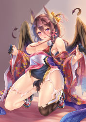 Rule 34 | 1girl, black thighhighs, blush, breasts, breasts out, brown hair, commentary request, feathers, full body, hair ornament, hair stick, highres, japanese clothes, kneeling, large breasts, long hair, looking at viewer, makirin, nipples, off shoulder, open mouth, purple eyes, pussy juice, sash, sennen sensou aigis, sidelocks, solo, tearing up, thighhighs, torn clothes, torn thighhighs, wide sleeves, wings