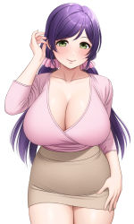 Rule 34 | 1girl, absurdres, blush, breasts, brown skirt, closed mouth, cowboy shot, curvy, green eyes, hair ornament, hair scrunchie, hand up, highres, huge breasts, long sleeves, looking at viewer, love live!, love live! school idol project, low twintails, pencil skirt, pink shirt, purple hair, scrunchie, shirt, shirt tucked in, simple background, skirt, smile, solo, swept bangs, taut clothes, taut shirt, taut skirt, thighs, tojo nozomi, twintails, white background, yonsi