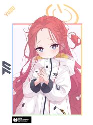 Rule 34 | 1girl, absurdres, blue archive, blue eyes, blush, bow, braid, closed mouth, commentary, forehead, hair bow, halo, highres, interlocked fingers, jacket, long hair, long sleeves, looking at viewer, orange halo, red hair, revision, rokukarashi, solo, upper body, white bow, white jacket, yuzu (blue archive)