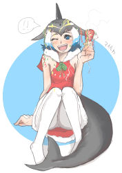 Rule 34 | 1girl, absurdres, bare shoulders, black hair, blonde hair, blowhole, blue eyes, blue hair, blush, bow, bowtie, cetacean tail, christmas, christmas cracker, common dolphin (kemono friends), dolphin girl, dorsal fin, dress, fins, fish tail, fur trim, green bow, green bowtie, highres, kemono friends, looking at viewer, multicolored hair, no shoes, one eye closed, open mouth, pantyhose, red dress, santa costume, short hair, sitting, sleeveless, sleeveless dress, smile, solo, tail, translated, user zrdd5754, white fur, white hair, white pantyhose