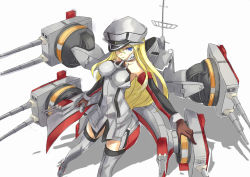 Rule 34 | 10s, 1girl, asya, bismarck (kancolle), blonde hair, blue eyes, blush, breasts, cannon, detached sleeves, gloves, grey thighhighs, hat, kantai collection, long hair, military, military hat, military uniform, peaked cap, personification, solo, thighhighs, turret, uniform