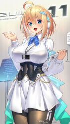Rule 34 | 1girl, ahoge, blonde hair, blue eyes, bow, bowtie, bra visible through clothes, breasts, covered navel, dress, hair between eyes, hands up, headset, highres, id card, lanyard, large breasts, light blush, looking at viewer, medium hair, nail polish, open mouth, original, pantyhose, short dress, smile, solo, sophia f shirring, tablet pc, takamine nadare, taut clothes, taut dress, underbust