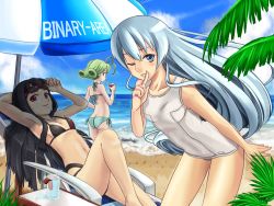 Rule 34 | 00s, 3girls, adapted costume, adjusting eyewear, alternate color, alternate costume, antenna hair, aqua bikini, ar tonelico, ar tonelico i, ar tonelico ii, arm behind head, armpits, ass, back, beach, beach umbrella, bikini, black bikini, black hair, blue eyes, blush, breasts, butt crack, chair, cloud, cup, curly hair, day, drink, drinking, drinking glass, drinking straw, english text, eyewear on head, flat chest, flipped hair, frelia (ar tonelico), frelia ansul solmarta, glasses, green hair, grin, gust, highleg, highleg bikini, highleg swimsuit, holding, index finger raised, jakuri (ar tonelico), knee up, leaf, leaning forward, long hair, looking at viewer, looking back, lounge chair, lying, multiple girls, navel, ocean, on back, one-piece swimsuit, one eye closed, orange eyes, outdoors, profile, reclining, red-framed eyewear, red eyes, school swimsuit, short hair, shurelia (ar tonelico), side-tie bikini bottom, sidelocks, sky, small breasts, smile, sunglasses, swimsuit, tsukeyakiba, umbrella, very long hair, water, white hair, white one-piece swimsuit, white school swimsuit