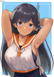 Rule 34 | 1girl, arms behind head, black hair, black one-piece swimsuit, blue background, blue one-piece swimsuit, blush, border, breasts, headgear, highres, i-400 (kancolle), kantai collection, large breasts, long hair, looking at viewer, one-piece swimsuit, orange sailor collar, sailor collar, sailor shirt, school swimsuit, shiromaru (maniado), shirt, side-tie shirt, sleeveless, sleeveless shirt, smile, solo, swimsuit, swimsuit under clothes, tan, white border