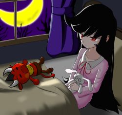 Rule 34 | 1boy, 1girl, artist request, ashley (warioware), bed, bed sheet, black hair, blanket, blush stickers, closed eyes, closed mouth, collarbone, crescent moon, curtains, demon horns, demon tail, eyebrows, eyebrows hidden by hair, fangs, frown, hair down, highres, holding, holding stuffed toy, horns, indoors, long hair, long sleeves, moon, night, night sky, nightgown, nintendo, on bed, open mouth, pajamas, pillow, red (warioware), red eyes, sad, sidelocks, silhouette, sitting, size difference, sky, sleeping, stuffed animal, stuffed rabbit, stuffed toy, tail, tree, under covers, warioware, window
