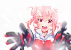 Rule 34 | 10s, 1girl, akino sora, gloves, hair bun, jacket, looking at viewer, open mouth, outstretched arms, outstretched hand, pink hair, red eyes, short hair, single hair bun, smile, snow, solo, yahari ore no seishun lovecome wa machigatteiru., yuigahama yui