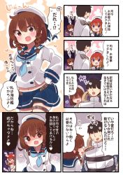 Rule 34 | 1boy, 2girls, admiral (kancolle), alternate hairstyle, bike shorts, black legwear, blonde hair, blue neckerchief, blue ribbon, blue skirt, bob cut, bound, braid, brown hair, commentary request, cosplay, cowboy shot, etorofu (kancolle), etorofu (kancolle) (cosplay), gloves, gradient hair, hair between eyes, hair ornament, hairclip, hat, headpat, heart, heart-shaped pupils, highres, ikazuchi (kancolle), kantai collection, long sleeves, looking at viewer, multicolored hair, multiple girls, naked towel, neckerchief, pleated skirt, purple eyes, red hair, ribbon, sailor collar, sailor hat, school uniform, serafuku, short hair, shorts, shorts under skirt, side braid, skirt, spoken heart, suzuki toto, symbol-shaped pupils, thick eyebrows, towel, translation request, twin braids, upper body, white gloves, yandere