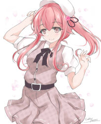 Rule 34 | 1girl, belt, beret, cowboy shot, dress, gakky, hair flaps, harusame (kancolle), hat, kantai collection, looking at viewer, official alternate costume, one-hour drawing challenge, pink dress, pink hair, puffy short sleeves, puffy sleeves, red eyes, shirt, short sleeves, side ponytail, solo, w arms, white background, white hat, white shirt