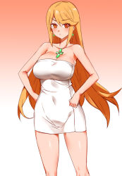 Rule 34 | 1girl, bad id, bad pixiv id, bare shoulders, blonde hair, blush, breasts, cleavage, covered navel, earrings, gem, gradient background, jewelry, large breasts, long hair, looking at viewer, mythra (xenoblade), nintendo, orange eyes, solo, standing, staring, towel, very long hair, xenoblade chronicles (series), xenoblade chronicles 2, yostxxx