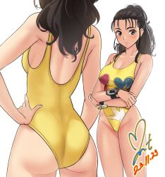 Rule 34 | 1girl, ass, casual one-piece swimsuit, chouriki sentai ohranger, commission, dated, floral print, forehead, highres, long hair, looking at viewer, multiple views, nijou juri, one-piece swimsuit, pixiv commission, ponytail, signature, standing, super sentai, swimsuit, watch, wavy hair, wristwatch, yellow one-piece swimsuit, yoo tenchi