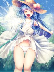 Rule 34 | 1girl, ^ ^, aiming, aiming at viewer, alternate costume, alternate headwear, bad id, bad pixiv id, blue hair, blue sky, blurry, blurry background, blush, breasts, closed eyes, clothes lift, cloud, collarbone, cowboy shot, day, dress, dress lift, dutch angle, food, forest, fruit, happy, hat, highres, hinanawi tenshi, hose, large breasts, long hair, maru daizu (aqua6233), nature, navel, open mouth, outstretched arm, panties, pantyshot, peach, sky, sleeveless, sleeveless dress, smile, solo, standing, strapless, straw hat, sundress, teeth, thigh gap, thighs, tongue, touhou, tree, underwear, upskirt, water, white dress, white panties, wind, wind lift