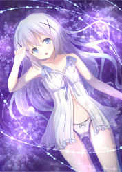 Rule 34 | 1girl, babydoll, blue eyes, blue hair, blush, bow, bow panties, cameltoe, camisole, chestnut mouth, gochuumon wa usagi desu ka?, hair ornament, hairclip, kafuu chino, long hair, lying, matching hair/eyes, momomo (e t), navel, no pants, on back, open mouth, panties, partially submerged, solo, underwear, underwear only, water, wet, wet clothes, x hair ornament