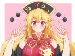 Rule 34 | 1girl, @ @, adapted costume, bare shoulders, blonde hair, blush, border, bow, bowtie, breasts, chinese clothes, closed mouth, commentary request, crescent, detached sleeves, double v, grey hat, hair between eyes, hands up, hat, junko (touhou), large breasts, long hair, long sleeves, outside border, phoenix crown, pink background, pom pom (clothes), red eyes, simple background, smile, solo, sweat, sweatdrop, tabard, tasuku (tusktouhou4), touhou, upper body, v, white border, wide sleeves, yellow bow, yellow bowtie