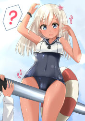 Rule 34 | 10s, 1girl, ?, admiral (kancolle), arms up, bad id, bad pixiv id, between legs, blonde hair, blue eyes, bracelet, clothes writing, covered navel, crop top, crotch rub, holding, japanese clothes, jewelry, kantai collection, lifebuoy, long hair, naigou, neneru, one-piece tan, open mouth, ro-500 (kancolle), school swimsuit, school uniform, serafuku, solo focus, spoken question mark, swim ring, swimsuit, swimsuit under clothes, tan, tanline, tareme, thighs, tongue, torpedo, wide hips