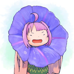 Rule 34 | 1girl, ahoge, chamaji, closed eyes, commentary request, flower, holding, holding flower, japanese clothes, kimono, long sleeves, lowres, mini person, minigirl, obi, open mouth, purple hair, sash, solo, sukuna shinmyoumaru, touhou, water drop, wide sleeves