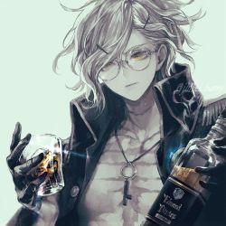 Rule 34 | 1boy, bare pectorals, bishounen, bottle, edmond dantes (fate), edmond dantes (monte cristo selection) (fate), fate/grand order, fate (series), glasses, gloves, hair ornament, hairclip, highres, jewelry, key, key necklace, koshika rina, male focus, necklace, pectorals, solo, white hair, yellow eyes