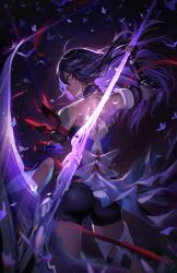 Rule 34 | 1girl, absurdres, ahoge, arm scarf, armband, ass, back, bandana around arm, bare shoulders, black hair, black shorts, bug, butterfly, butterfly tattoo, colored inner hair, gloves, glowing, glowing weapon, hair between eyes, highres, holding, holding scythe, honkai: star rail, honkai (series), insect, long hair, meltyrice, multicolored hair, purple butterfly, purple eyes, purple hair, purple scarf, red armband, scarf, scythe, seele (honkai: star rail), shorts, single glove, solo, tattoo, thigh strap, thighs, very long hair, weapon