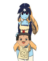 Rule 34 | 1girl, apron, arrow (projectile), black eyes, blue skin, breasts, colored skin, facial hair, fish girl, hair ornament, holding, minette (skullgirls), monster girl, multicolored eyes, mustache, parody, purple eyes, scales, shell, shiki kyouzoku, skullgirls, small breasts, smile, solo, thighhighs, waitress, white thighhighs, yukkuri shiteitte ne
