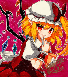Rule 34 | 1girl, ascot, back bow, bad id, bad pixiv id, blonde hair, bow, collared shirt, finger to mouth, fingernails, flandre scarlet, frilled ascot, frilled shirt collar, frilled skirt, frills, hat, hat ribbon, looking at viewer, medium hair, mob cap, open mouth, orange ascot, pink background, pointy ears, puffy short sleeves, puffy sleeves, qqqrinkappp, rainbow order, red eyes, red ribbon, red skirt, red vest, ribbon, sharp fingernails, shikishi, shirt, short sleeves, side ponytail, signature, skirt, solo, touhou, traditional media, vest, white bow, white hat, white shirt, wings, wrist cuffs