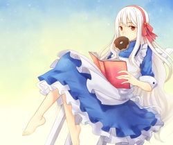 Rule 34 | 1girl, apron, barefoot, book, crossed legs, doughnut, feet, food, highres, kagerou project, kozakura marry, long hair, looking at viewer, mouth hold, open book, plantar flexion, reading, red eyes, reking, solo, very long hair, white hair