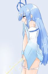 Rule 34 | 1girl, blue hair, clothes lift, dress, dress lift, highres, kame low, kotonoha aoi, lifted by self, looking down, mouth hold, orange eyes, panties, panty pull, peeing, simple background, solo, standing, underwear, voiceroid