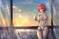 Rule 34 | 1girl, absurdres, aged up, android, bad id, bad pixiv id, blush, bob cut, breasts, city, cityscape, cloud, coffee, coffee cup, cowboy shot, cup, curtains, disposable cup, dorothy haze, drink, foxyreine, hair ornament, hairband, highres, indoors, joints, navel, nude, pink eyes, pink hair, pussy, rainbow, ribbon, robot, robot joints, short hair, sky, solo, steam, sun, sunlight, sunrise, underwear, va-11 hall-a, window