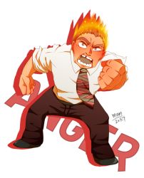 Rule 34 | 1boy, anger (inside out), angry, bad id, bad pixiv id, character name, fire, inside out, male focus, mum (pixiv1182764), necktie, orange eyes, personification, pixar, red hair, short hair, simple background, solo