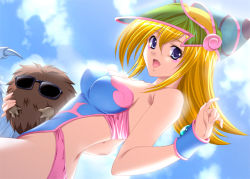 Rule 34 | 1girl, :d, back, bare shoulders, blonde hair, blue-eyes white dragon, blue eyes, breasts, casual one-piece swimsuit, circle epion, claws, cleavage, cloud, dark magician girl, day, dragon, duel monster, dutch angle, facial mark, fingernails, fur, gem, hat, holding, kuriboh, large breasts, long fingernails, long hair, looking at viewer, looking back, monster, one-piece swimsuit, open mouth, outdoors, pointing, profile, see-through, sky, smile, standing, sunglasses, swimsuit, wizard hat, wristband, yu-gi-oh!, yu-gi-oh! duel monsters
