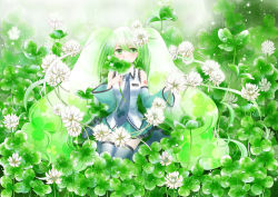 Rule 34 | 1girl, alternate color, bad id, bad pixiv id, clover, clover (flower), detached sleeves, flower, four-leaf clover, green eyes, green hair, green theme, hatsune miku, long hair, mamiya (cool-ribon), matching hair/eyes, mini person, minigirl, necktie, sitting, skirt, solo, thighhighs, twintails, very long hair, vocaloid, wariza