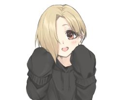 Rule 34 | 1girl, applepie (12711019), blonde hair, blush, brown eyes, commentary, drawstring, ear piercing, earrings, hair over one eye, hands up, hood, hoodie, idolmaster, idolmaster cinderella girls, jewelry, looking at viewer, open mouth, piercing, shirasaka koume, short hair, simple background, sleeves past fingers, sleeves past wrists, smile, solo, symbol-only commentary, upper body, white background