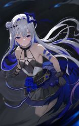 Rule 34 | 1girl, absurdly long hair, absurdres, amane kanata, bare shoulders, black dress, black gloves, blue eyes, blue flower, blue hair, blue halo, blue rose, blurry, colored inner hair, commentary request, depth of field, dress, flat chest, flower, gloves, grey hair, hair bun, halo, highres, hololive, long hair, looking at viewer, multicolored hair, o-ring, parted lips, rose, single side bun, solo, standing, standing on one leg, star halo, stoner08, very long hair, virtual youtuber