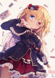 Rule 34 | 1girl, ace (playing card), ace of hearts, akai haato, akai haato (gothic lolita), black capelet, black dress, black flower, black rose, blonde hair, blue eyes, blurry, blurry background, blurry foreground, blush, bow, breasts, capelet, card, chinomaron, closed mouth, commentary request, depth of field, diamond (shape), dress, eyepatch, flower, frilled capelet, frills, from below, grey background, hair between eyes, hair bow, hair ornament, hairclip, hand up, heart, heart hair ornament, highres, holding, holding card, hololive, long hair, long sleeves, looking at viewer, looking down, playing card, pleated skirt, red bow, red skirt, rose, signature, simple background, skirt, sleeves past wrists, small breasts, smile, solo, spade (shape), standing, two side up, very long hair, virtual youtuber, white flower, white rose, x hair ornament