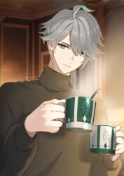 Rule 34 | 1boy, ahoge, alhaitham (genshin impact), artist name, blurry, blurry background, commentary request, cup, genshin impact, green eyes, green hair, green sweater, grey hair, hair between eyes, hands up, highres, holding, holding cup, indoors, long sleeves, looking at viewer, male focus, mmmgnsn, mug, multicolored hair, parted bangs, parted lips, short hair, sidelocks, smile, solo, spoon, steam, sweater, swept bangs, turtleneck, turtleneck sweater, twitter username, upper body