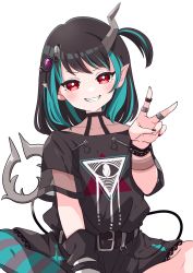 Rule 34 | 1girl, absurdres, belt, black belt, black dress, black hair, blue hair, blush, commentary request, demon girl, demon horns, demon tail, dress, eye hair ornament, eye of providence, feet out of frame, flat chest, grin, highres, horns, jewelry, kino haruc, looking at viewer, medium hair, multicolored hair, nanashi inc., official alternate costume, pointy ears, red eyes, ring, shishio chris, shishio chris (3rd costume), simple background, smile, sugar lyric, tail, transparent background, two-tone hair, v, virtual youtuber