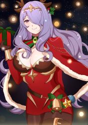 Rule 34 | 1girl, alternate costume, animal ears, antlers, arm behind back, bell, box, breasts, brown gloves, brown pantyhose, camilla (fire emblem), cape, christmas, closed mouth, deer ears, detached sleeves, dress, fake animal ears, fake antlers, fire emblem, fire emblem fates, fur-trimmed cape, fur trim, gift, gift box, gloves, gmais2514, hair between eyes, hair ornament, hair over one eye, highres, holding, holding gift, horns, large breasts, long hair, looking at viewer, mistletoe hair ornament, mixed-language commentary, nintendo, one eye covered, pantyhose, purple eyes, purple hair, red cape, red dress, reindeer antlers, santa costume, smile, solo, very long hair, wavy hair