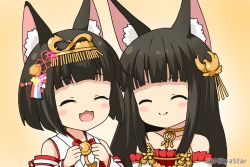 Rule 34 | 2girls, :d, ^ ^, animal ear fluff, animal ears, azur lane, bare shoulders, black hair, blunt bangs, blush, brown background, closed eyes, closed mouth, commentary request, detached sleeves, dress, fox ears, hair ornament, hands up, headpiece, japanese clothes, kimono, long hair, long sleeves, mitya, multiple girls, mutsu (azur lane), nagato (azur lane), open mouth, pleated dress, red dress, sleeveless, sleeveless kimono, smile, strapless, strapless dress, twitter username, upper body, white kimono, white sleeves