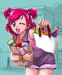 Rule 34 | 00s, 1girl, ;d, bag, bent over, eyelashes, groceries, grocery bag, hair bobbles, hair ornament, looking at viewer, one eye closed, open mouth, overalls, pink eyes, pink hair, precure, purple overalls, red eyes, red hair, shopping bag, short hair, smile, solo, sugame (artist), sugame (himitsu kichi), twintails, two side up, wink, yes! precure 5, yumehara nozomi