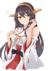 Rule 34 | 1girl, absurdres, black hair, brown eyes, commentary request, cowboy shot, detached sleeves, gensoukitan, hair ornament, hairband, hairclip, haruna (kancolle), haruna kai ni (kancolle), headgear, highres, japanese clothes, kantai collection, long hair, red skirt, ribbon-trimmed sleeves, ribbon trim, simple background, skirt, solo, white background