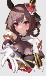 Rule 34 | 1girl, absurdres, animal ears, ball, bare shoulders, braided hair rings, breasts, brown hair, collarbone, commentary request, ear covers, ear ornament, gentildonna (umamusume), gloves, grey background, hair ornament, hair rings, heart, heart hair ornament, highres, holding, holding ball, horse ears, horse girl, large breasts, looking at viewer, medium breasts, outstretched hand, red eyes, simple background, single ear cover, smile, solo, takmi, umamusume, upper body, white background, white gloves