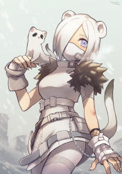 Rule 34 | 1girl, animal, animal on shoulder, arknights, artist name, blue eyes, cowboy shot, ermine, ferret, fingerless gloves, fur trim, gloves, hair over one eye, highres, looking at viewer, mask, mouth mask, official alternate costume, outdoors, shirayuki (arknights), shirayuki (wind of breaking blade) (arknights), shirt, short sleeves, snowing, solo, weasel, stoat girl, tail, tarako jun, weasel, weasel tail, white gloves, white hair, white legwear, white mask, white shirt