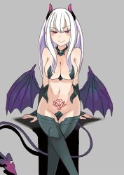 Rule 34 | 1girl, alexa mahone, arm support, black thighhighs, breasts, cleavage, crossed legs, demon girl, demon tail, detached collar, detached sleeves, grey background, hair over breasts, half-closed eyes, highres, horns, large breasts, long hair, low wings, naughty face, navel, original, pink eyes, pointy ears, pubic tattoo, sidelocks, simple background, smile, solo, tail, tattoo, thighhighs, white hair, wings