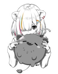 Rule 34 | 1girl, animal ear fluff, animal ears, asymmetrical bangs, biting, creature, cropped torso, fang, hair ornament, hair over one eye, hairclip, hao1190, highres, hololive, lion ears, long sleeves, multicolored hair, official alternate hair length, official alternate hairstyle, shishiro botan, shishiro botan (button-down), simple background, spot color, ssrb (shishiro botan), streaked hair, virtual youtuber, white background, x hair ornament